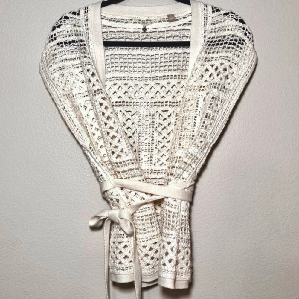 Anthropologie Cream Crochet Vest Boho Open Knit Tie Waist Women’s Small